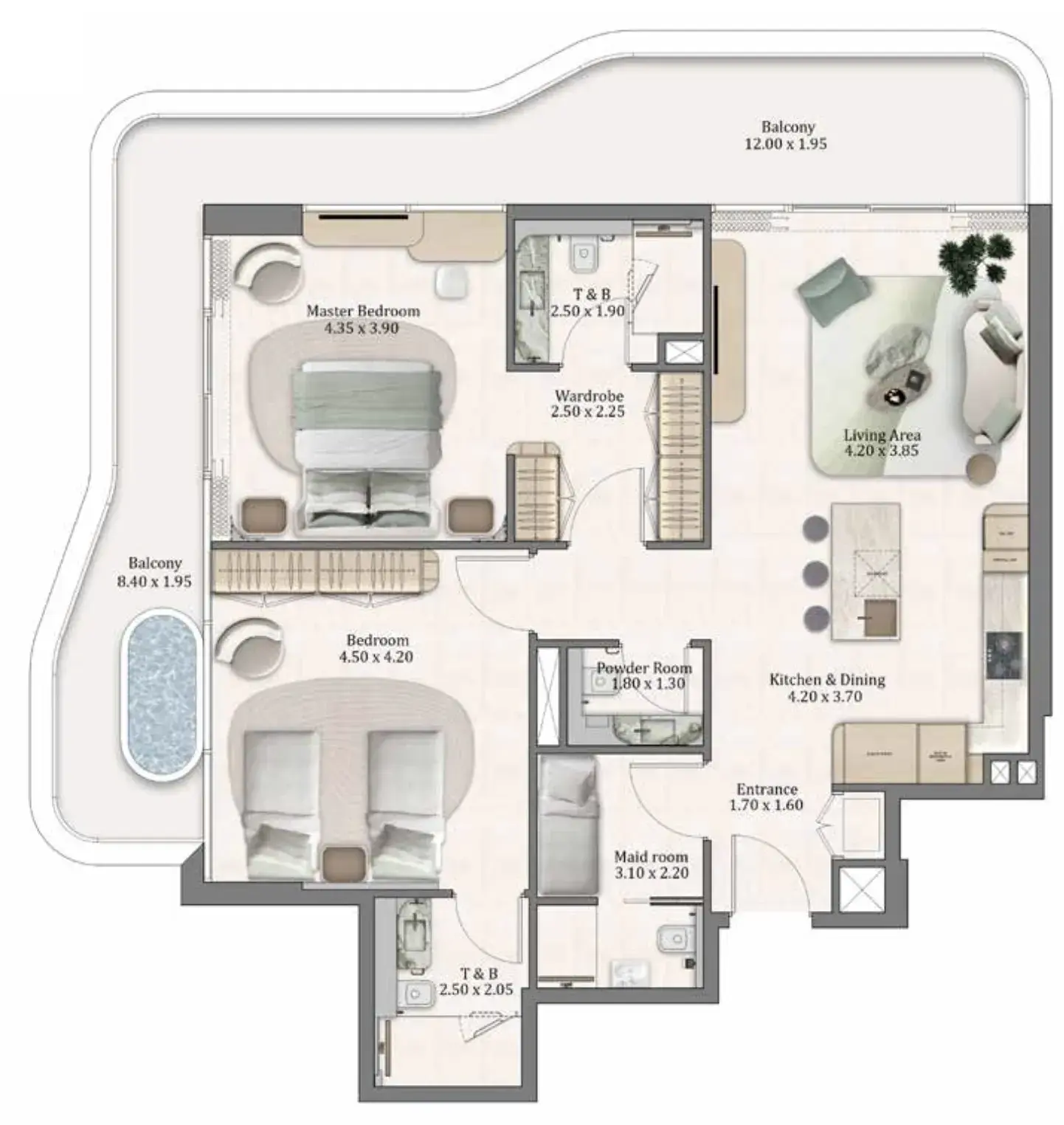 2 Bedrooms apartments - Flow Residences floor plan
