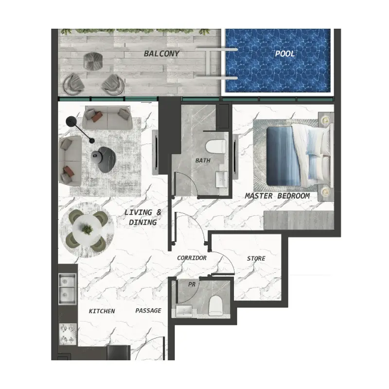 1 bedroom + pool floor plan