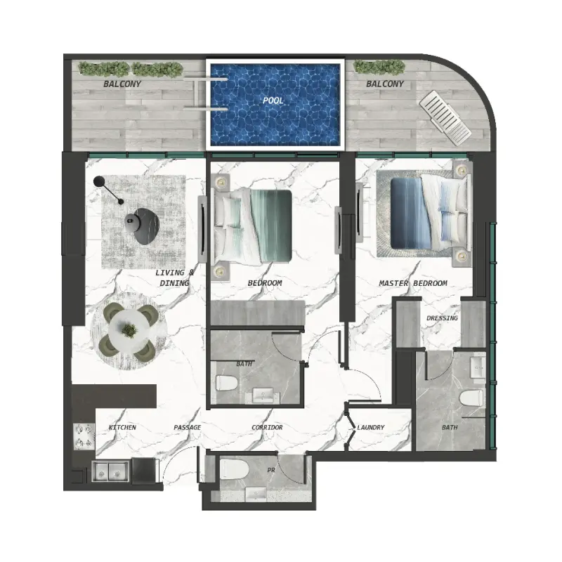 2 bedroom + pool floor plan