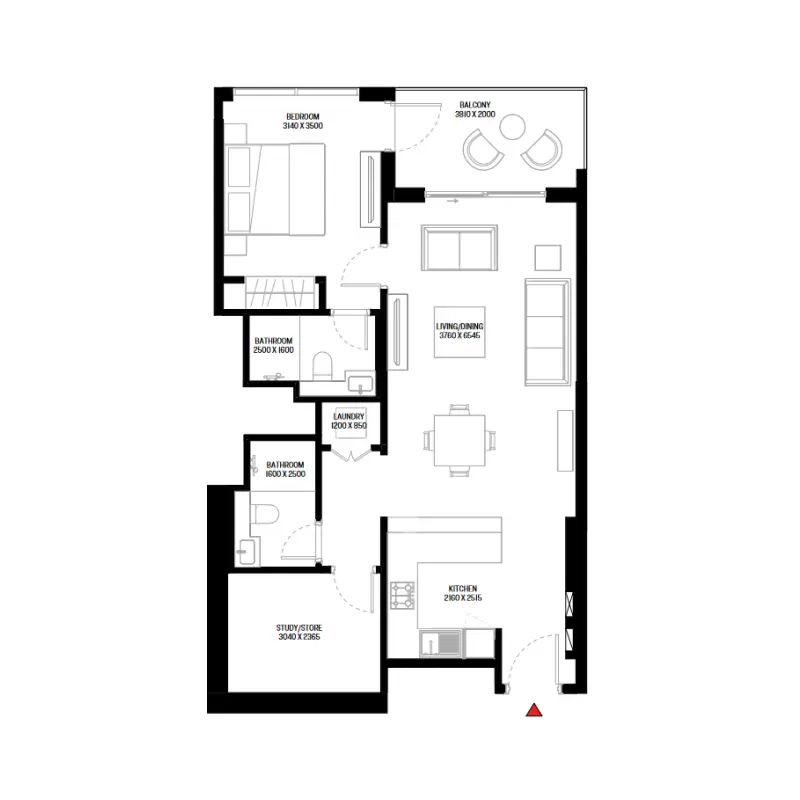 1,5 bedroom floor plan