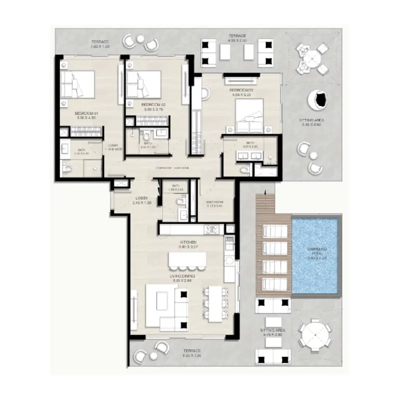 3 bedroom + pool floor plan