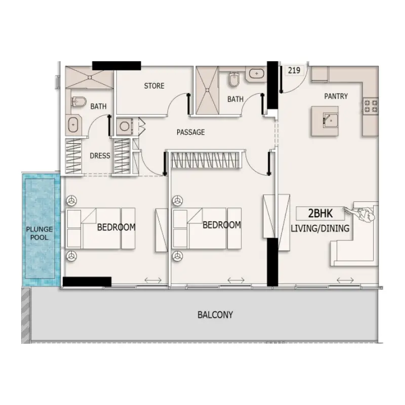 2 bedroom + pool floor plan