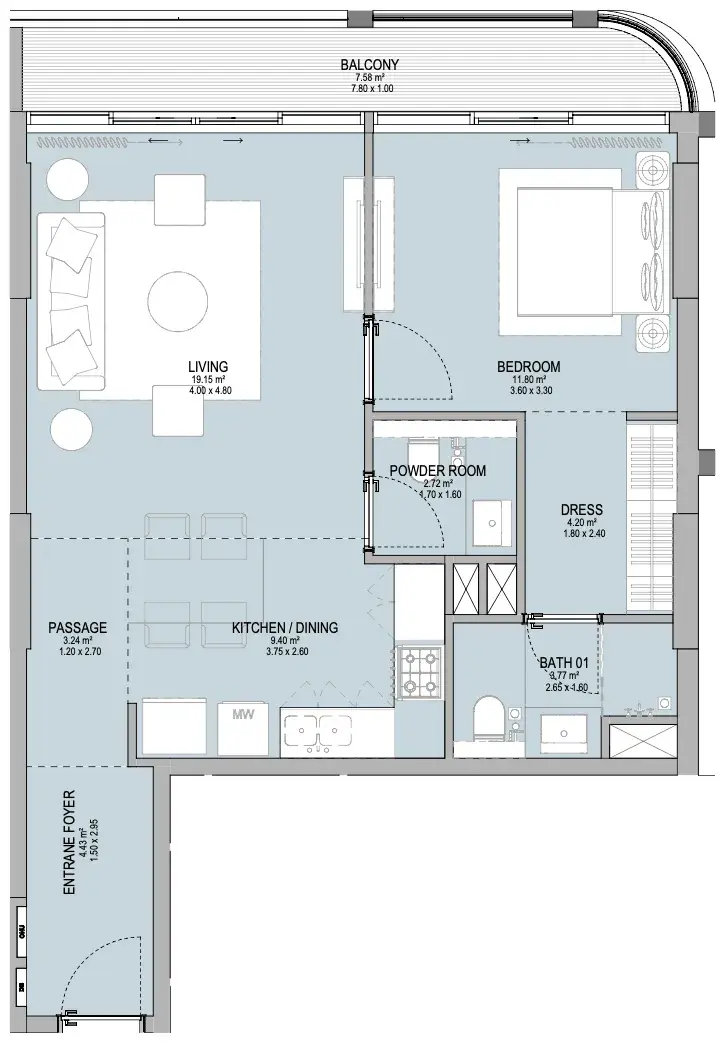 1 Bedroom apartments - Grandala floor plan