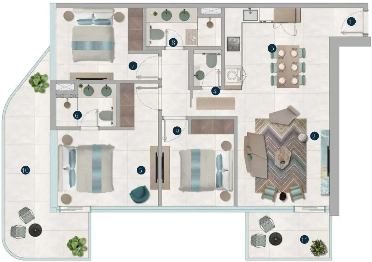 3 Bedrooms apartments - Octa Isle Interiors by Missoni floor plan