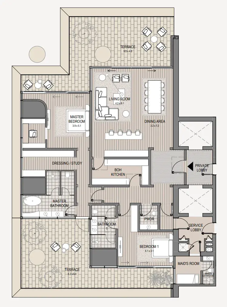 2.5 bedrooms apartments - Vela Viento floor plan