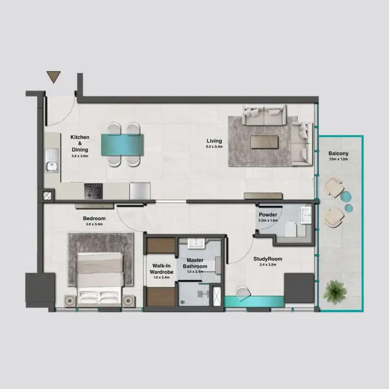 1,5 bedroom floor plan