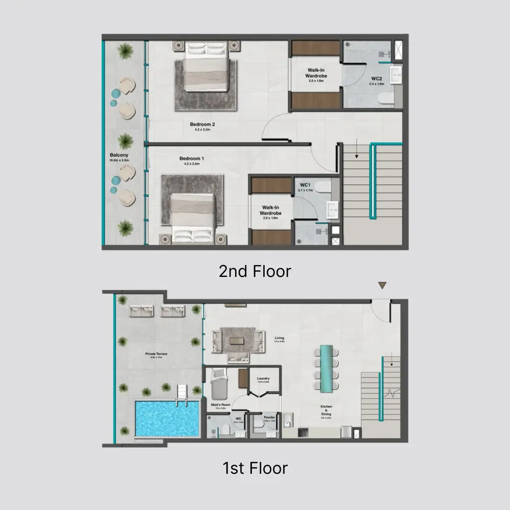 2 bedroom + pool floor plan