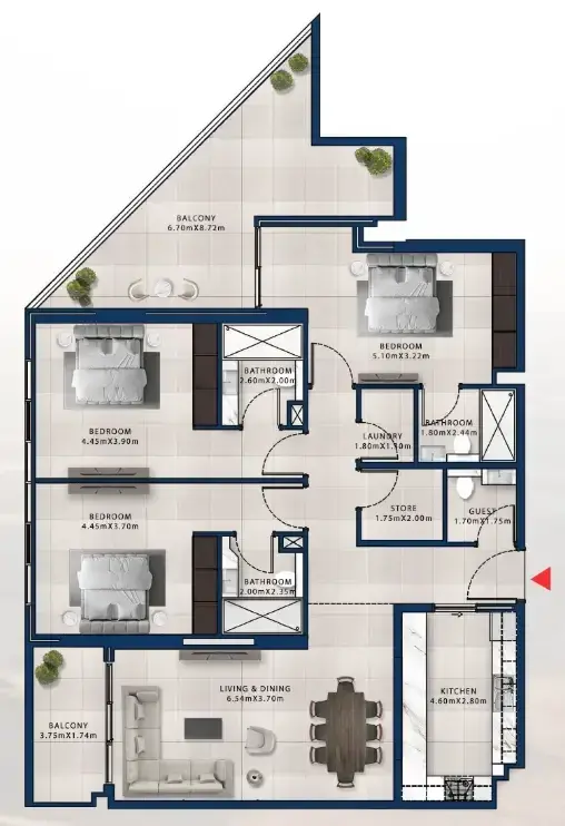 3 Bedrooms apartments - Asayel Apartments at MJL floor plan