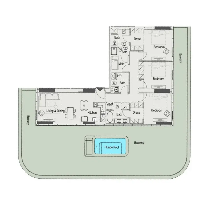 3 bedroom + pool floor plan