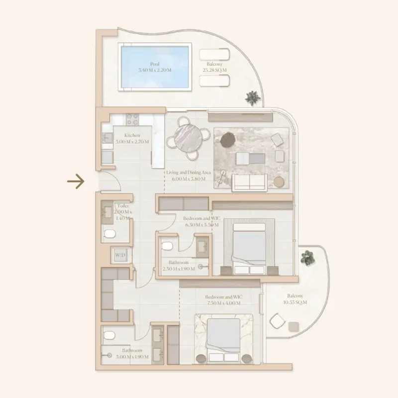 2 bedroom + pool floor plan