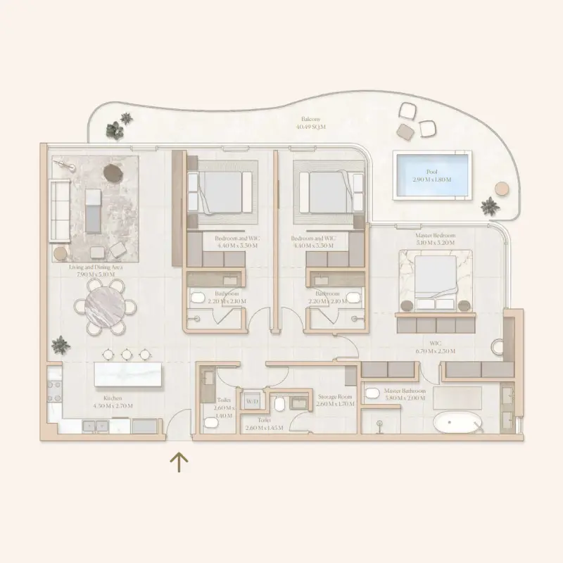 3 bedroom + pool floor plan