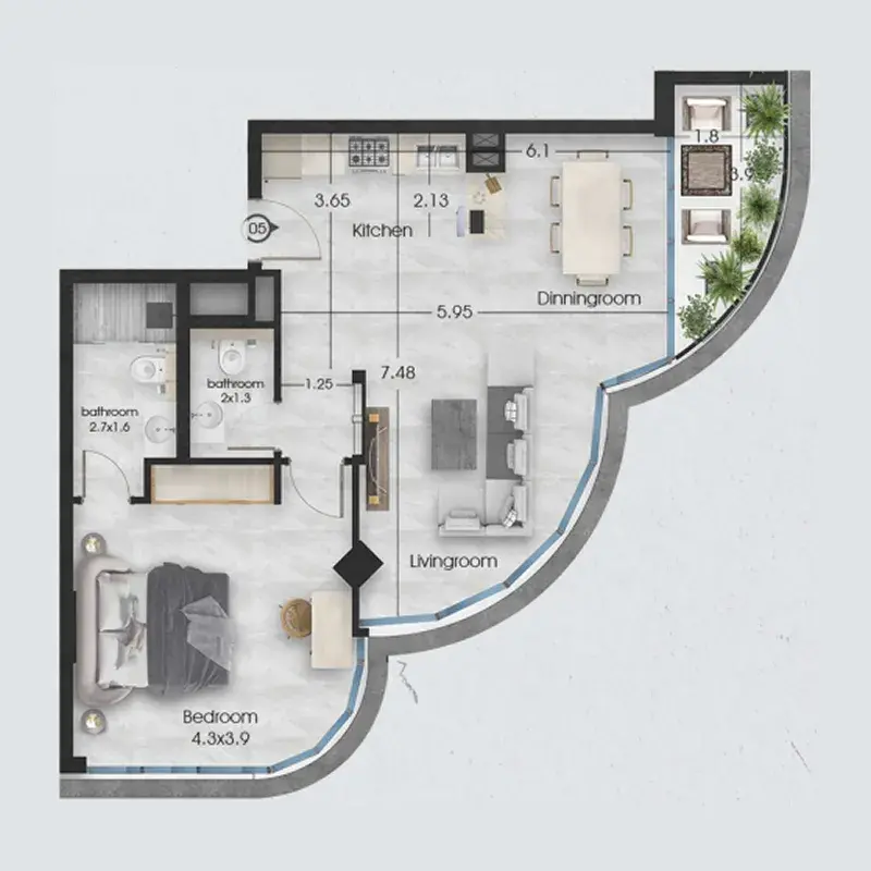 1 Bedroom apartments - Ethan floor plan