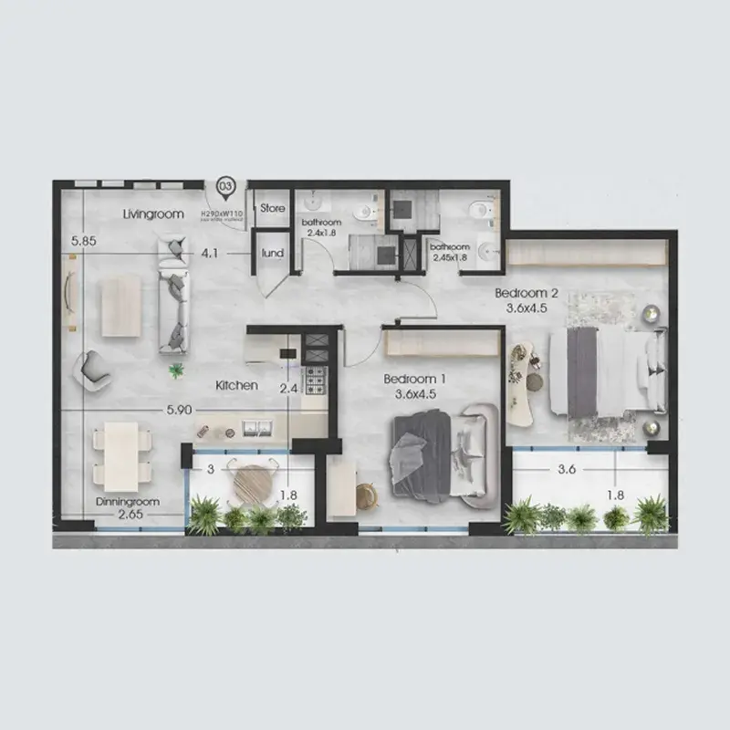 2 Bedrooms apartments - Ethan floor plan