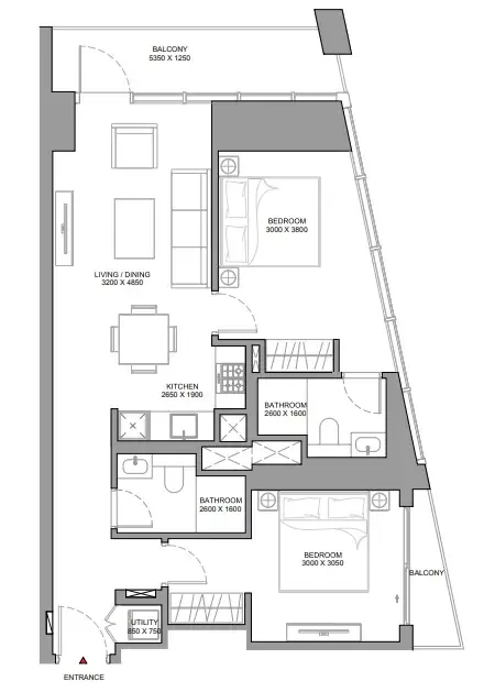 2 Bedrooms apartments - The Horizon at Sobha Central floor plan