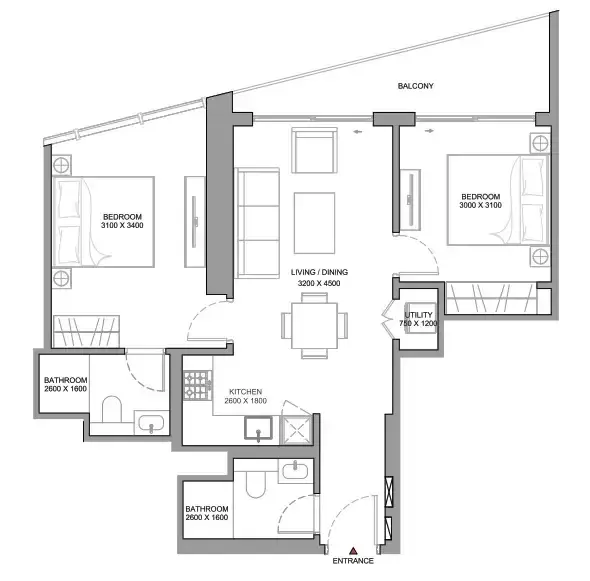 2 Bedrooms apartments - The Serene at Sobha Central floor plan
