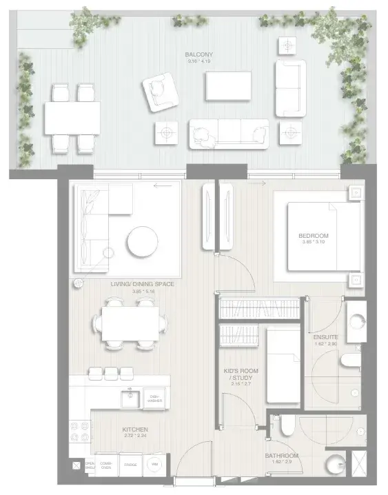 1.5 bedrooms apartments - Sol Levante floor plan