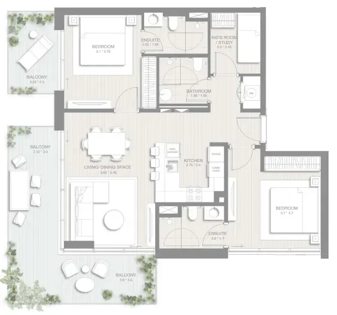 2.5 bedrooms apartments - Sol Levante floor plan