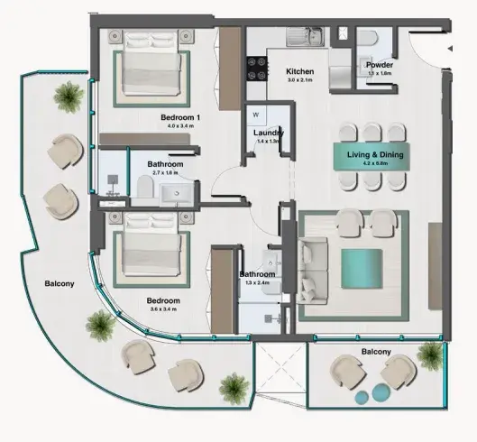 2 Bedrooms apartments - Sereno Residences floor plan
