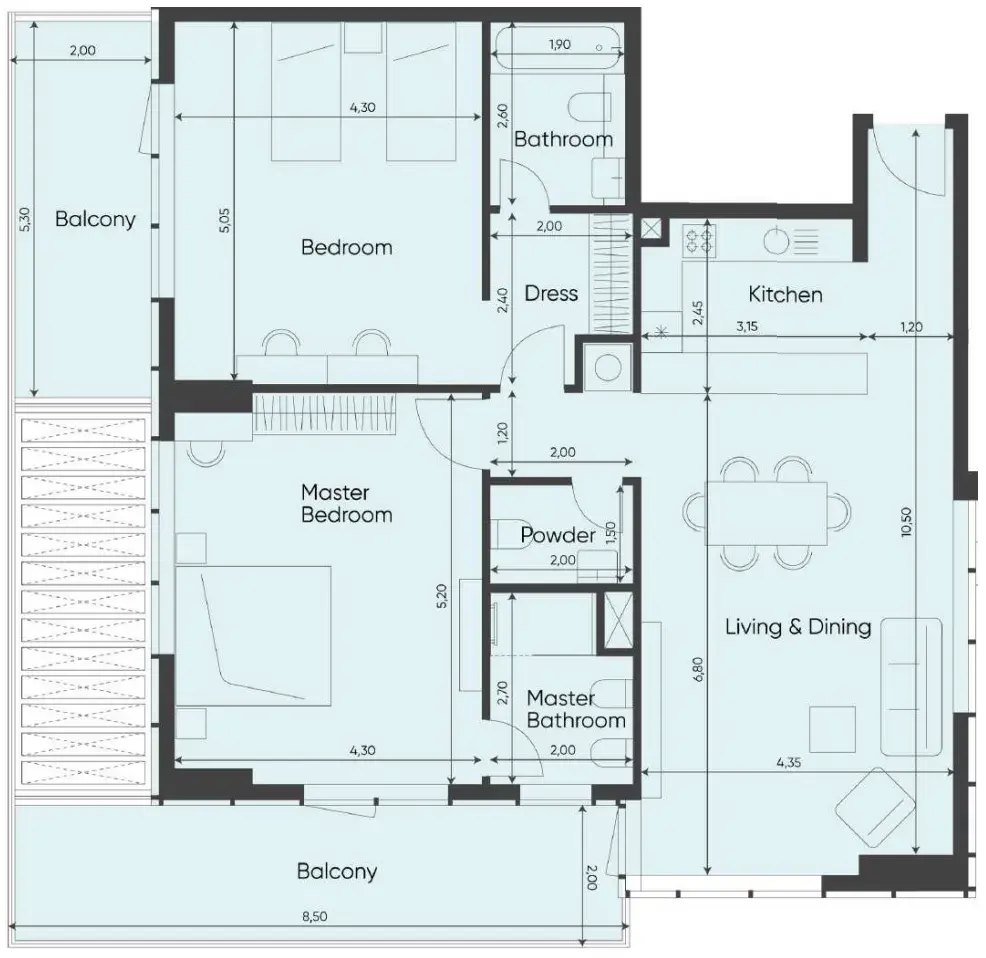 2 Bedrooms apartments - Sea Legend Tower One floor plan