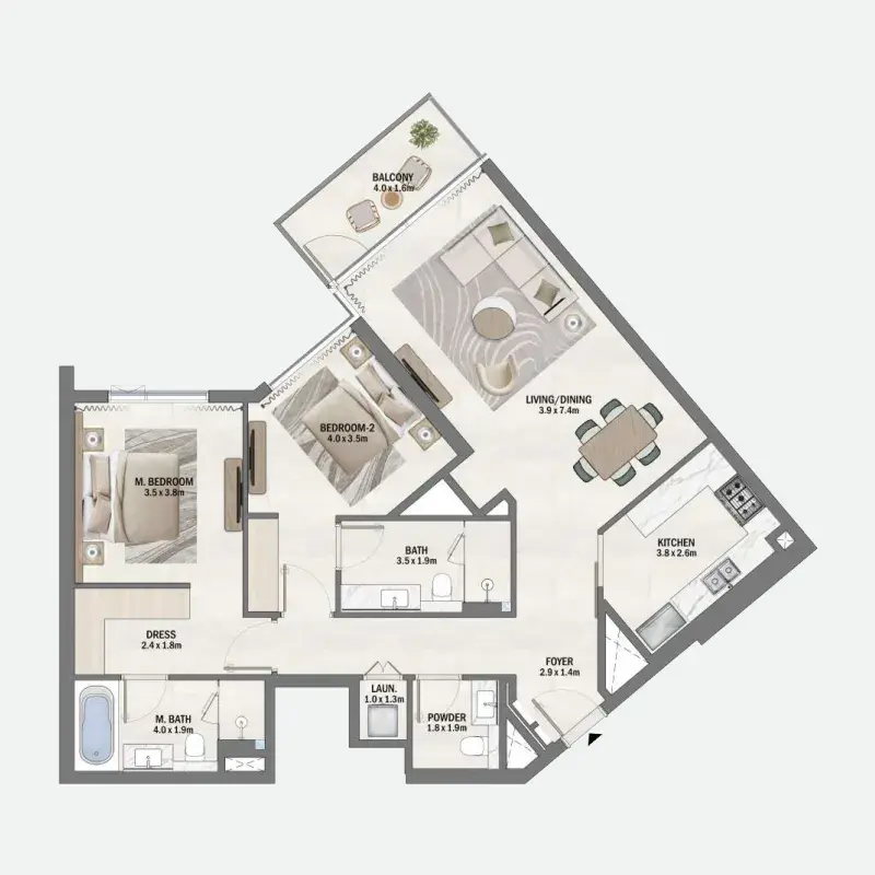 2 Bedrooms apartments - Beachfront Gates floor plan