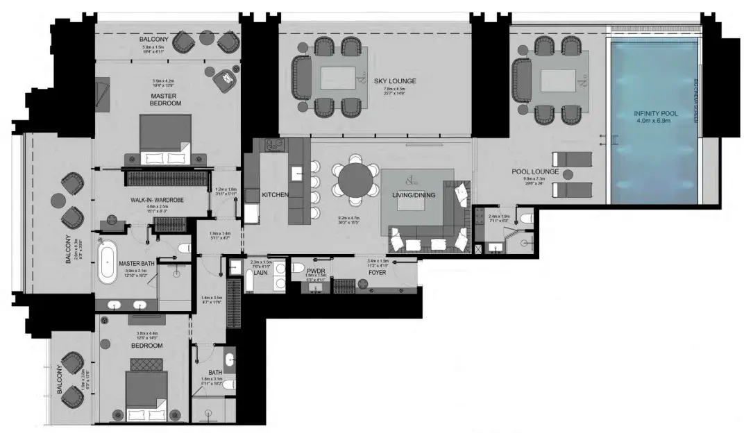2 Bedrooms apartments - Burj Binghatti Jacob and Co Residences floor plan