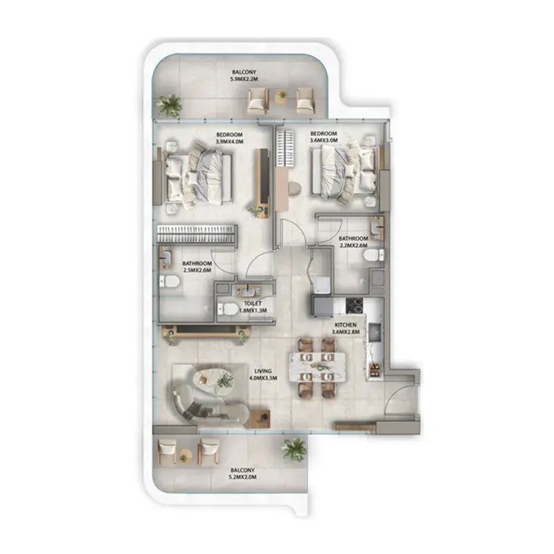 2 Bedrooms apartments - Antalya floor plan