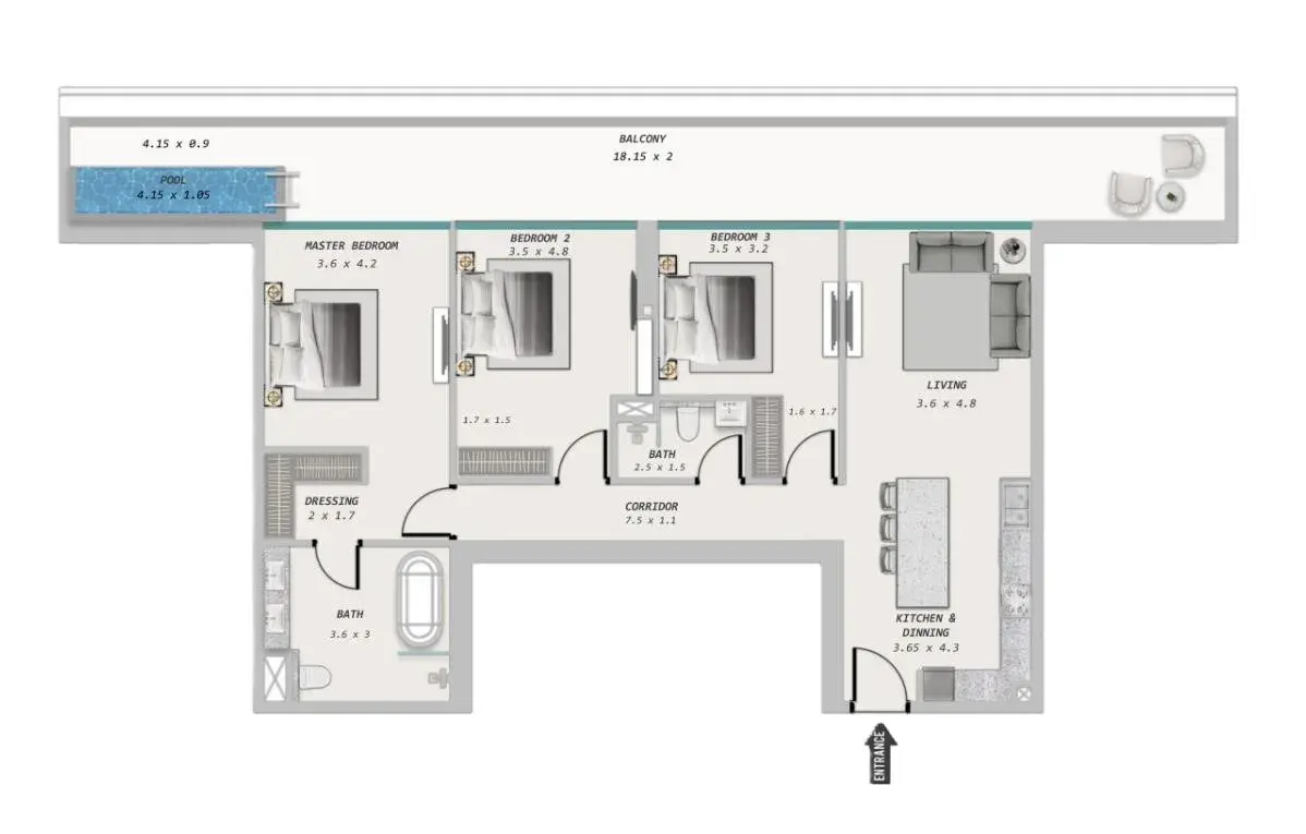 2 Bedrooms apartments - Ocean Pearl 1 and 2 floor plan