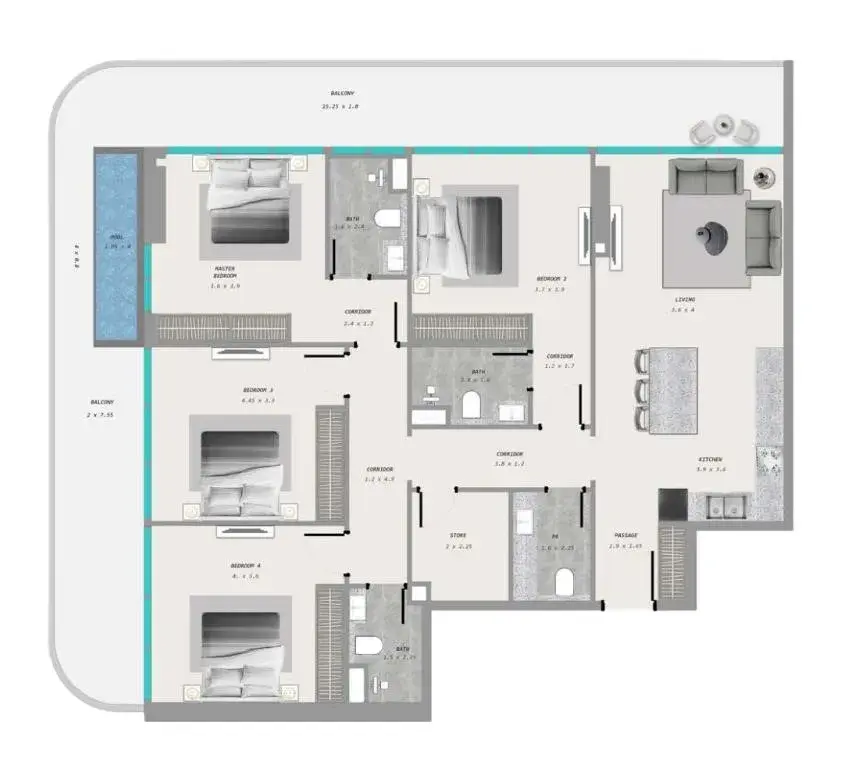 4 Bedrooms apartments - Ocean Pearl 1 and 2 floor plan