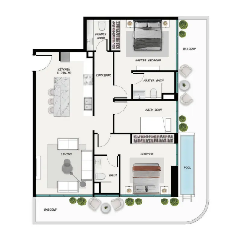 2 bedroom + pool floor plan