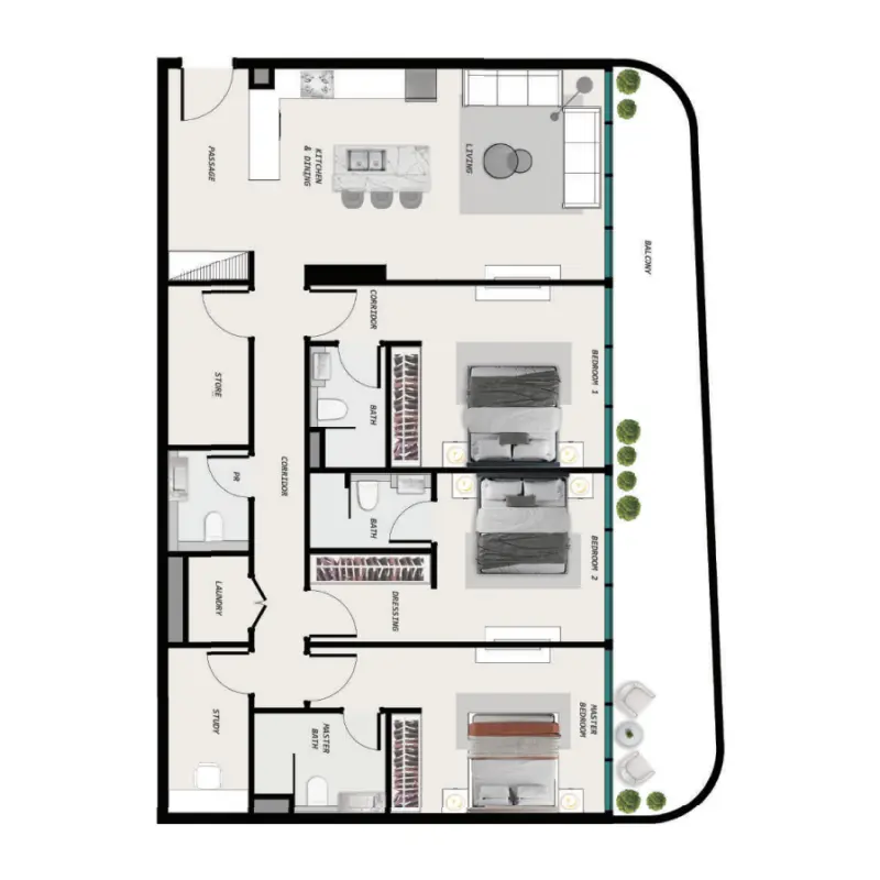3 bedroom + pool floor plan