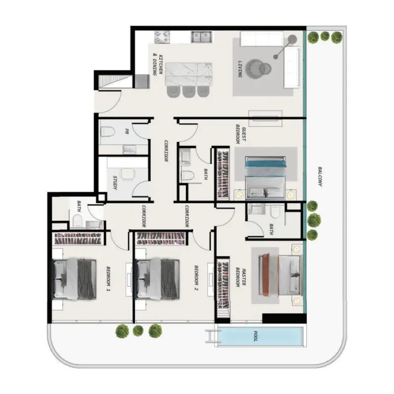 4 bedroom + pool floor plan