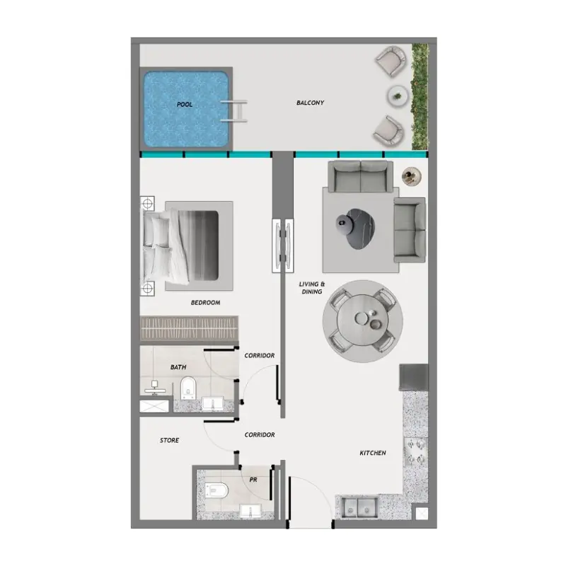 1,5 bedroom + pool floor plan