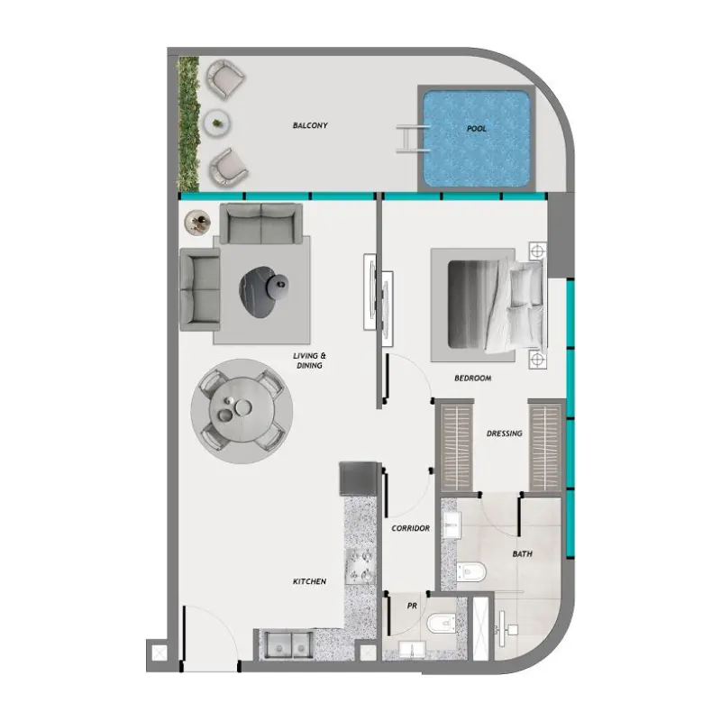 1 bedroom + pool floor plan