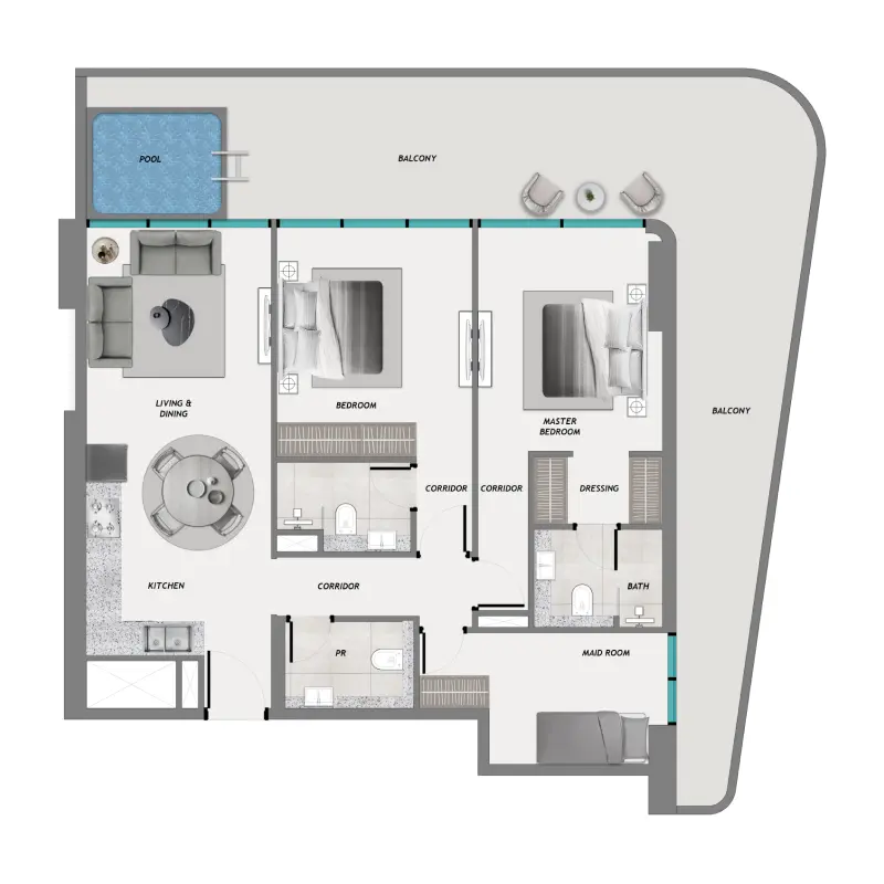 2 bedroom + pool floor plan