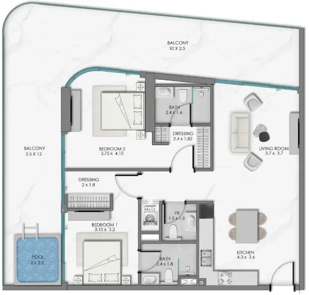 2 Bedrooms apartments - Samana Sky Views floor plan
