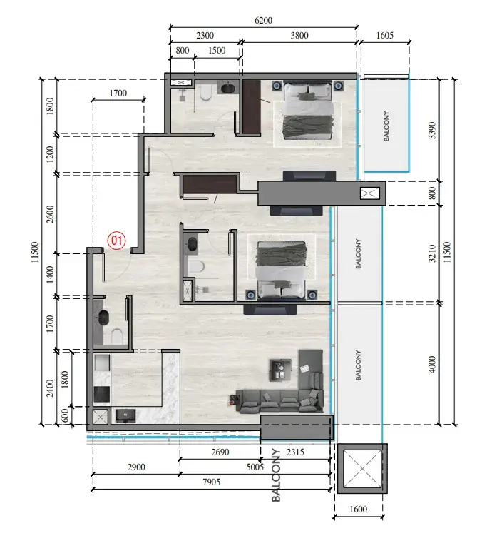 2 Bedrooms apartments - Auresta Tower floor plan