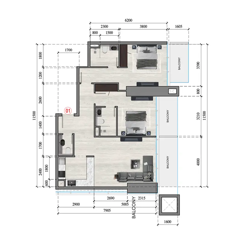 2 bedroom Apartments -  Auresta Tower floor plan
