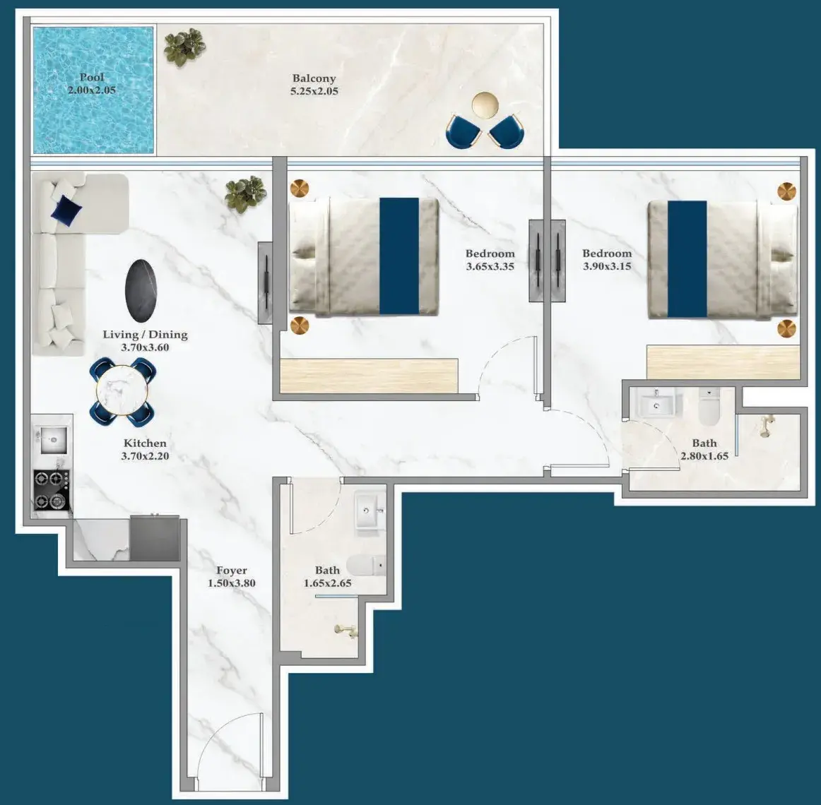 2 Bedrooms apartments - Timez floor plan