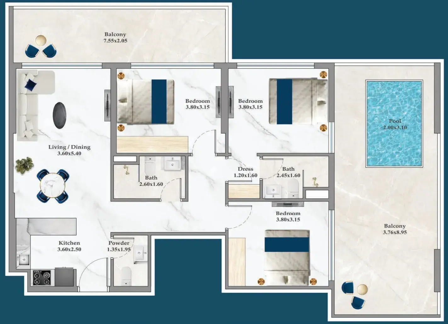 3 Bedrooms apartments - Timez floor plan