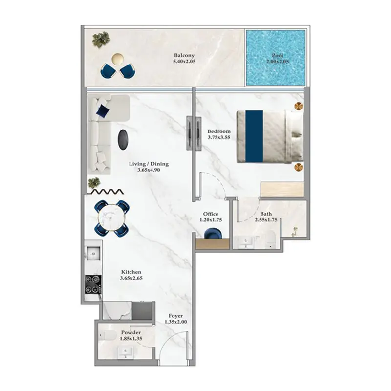 1 bedroom + pool floor plan