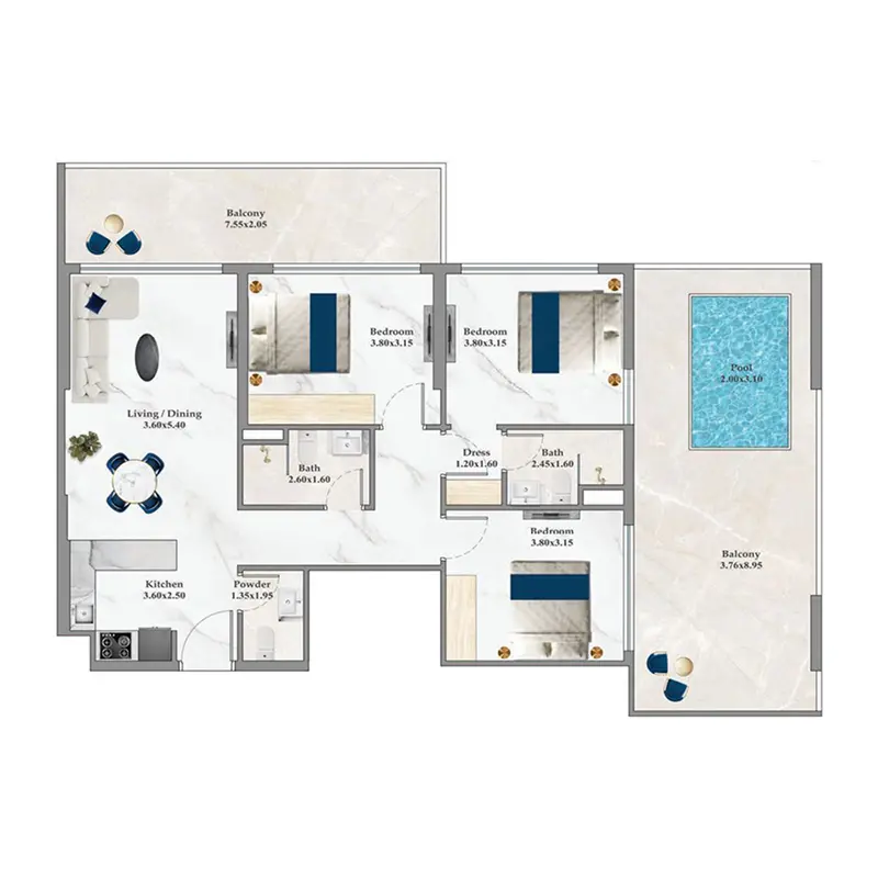 3 bedroom + pool floor plan