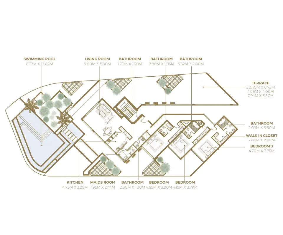 3 Bedrooms penthouse - Azizi Mina floor plan