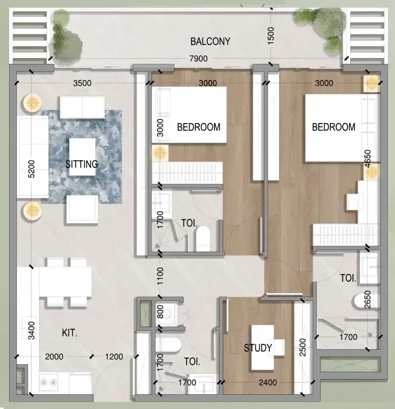 2 Bedrooms apartments - Oasis Residences floor plan