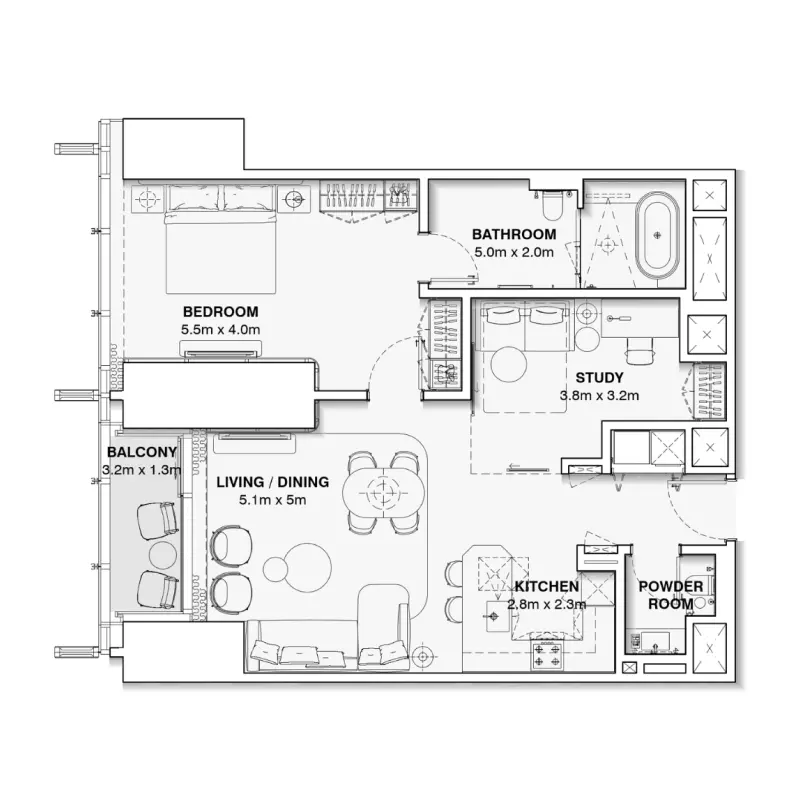 1,5 bedroom floor plan