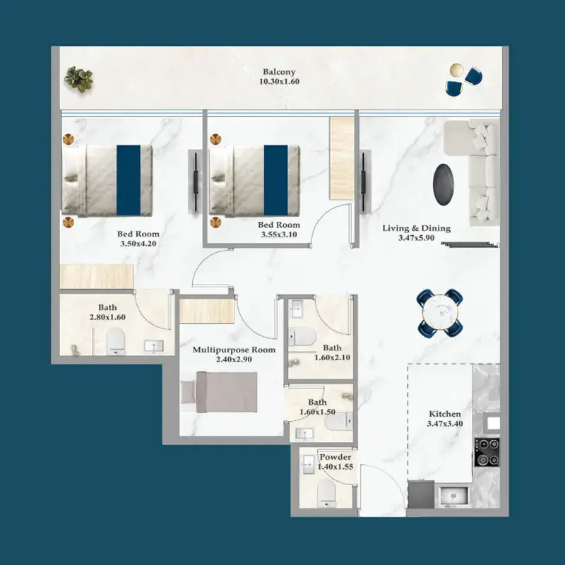 2 Bedrooms apartments - Sparklz floor plan