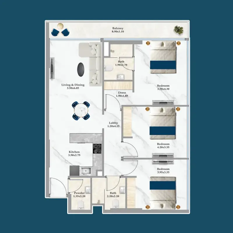 3 Bedrooms apartments - Sparklz floor plan
