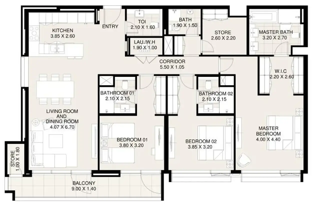 3 Bedrooms apartments - Canal Front Residences 3 and 4 floor plan