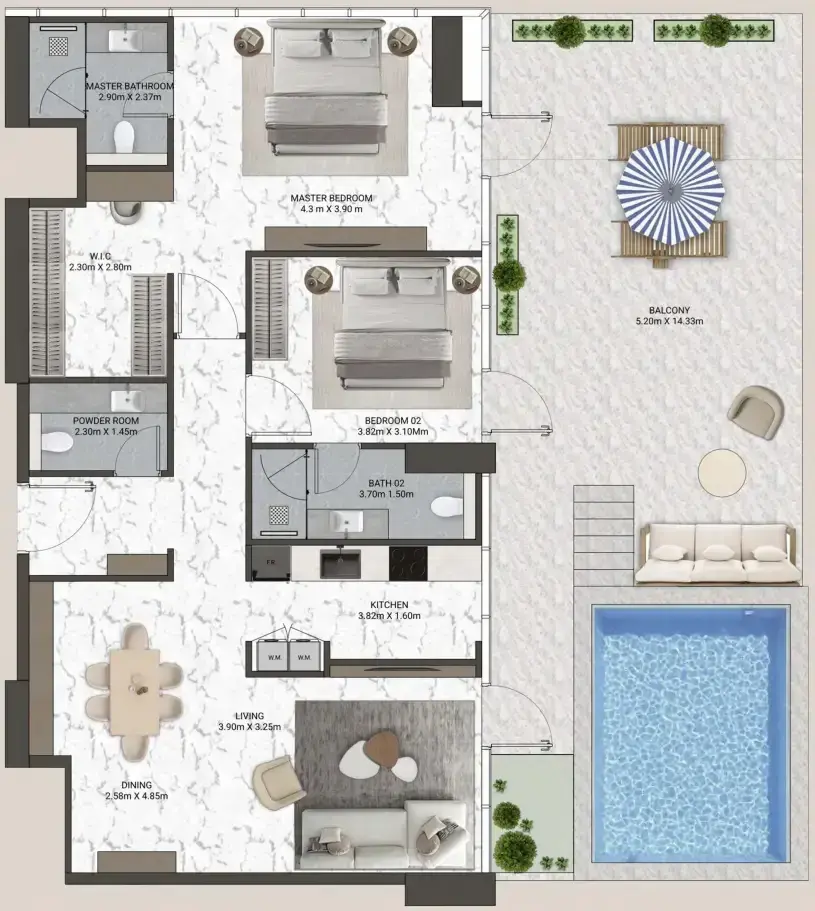 2 Bedrooms apartments - V-Suites floor plan
