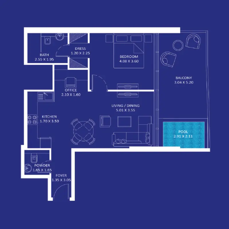 1 bedroom + pool floor plan