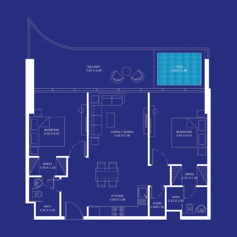 2 bedroom + pool floor plan